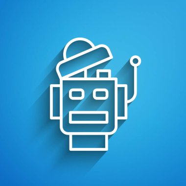 Beyaz çizgi robot simgesi mavi arkaplanda izole edildi. Yapay zeka, makine öğrenme, bulut hesaplama. Uzun gölge. Vektör