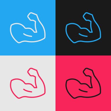 Pop sanat çizgisi vücut geliştiricisi renk arkaplanında izole edilmiş kas simgesini gösteriyor. Formda kalmak, güçlü sağlık hobisi kavramı. Vektör