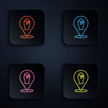 Renkli neon hattı Alkol veya bira barı konumu simgesi siyah arkaplanda izole edildi. İçki, bar, kulüp ve barın sembolü. Kare düğmelere simgeleri yerleştir. Vektör