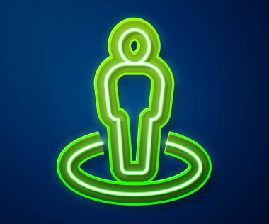 Mavi arkaplanda izole edilmiş bir insan simgesinin silüeti ile parlayan neon çizgisi haritası. GPS konum sembolü. Vektör