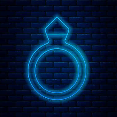 Parlak neon çizgili elmas nişan yüzüğü ikonu tuğla duvar arka planında izole edilmiş. Vektör