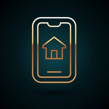 Gold Line Online emlak evi akıllı telefon ikonunda koyu mavi arka planda izole edilmiş. Ev kredisi konsepti, kira, satın alma, mülk alma. Vektör