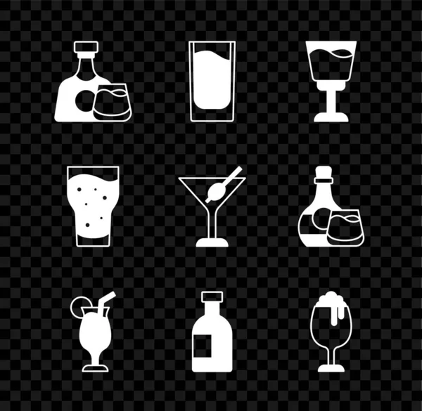 ウィスキーボトルとグラス、ショット、ワイン、カクテル、ウォッカのグラス、ビール、マルティーニアイコンをセットします。ベクトル — ストックベクタ