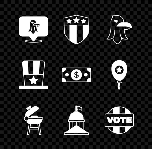Set Eagle, Shield with stars, Barbecue grill, White House, Vote, Patriotic American top hat and Stacks paper money icon. Вектор — стоковый вектор