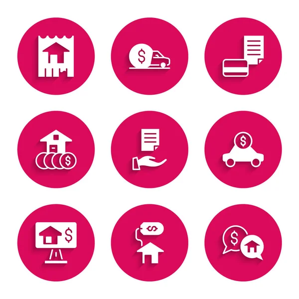 Ev sözleşmesi, dolar, fiyat pazarlığı, araba kiralama, online gayrimenkul, kredi kartı ve ikon. Vektör