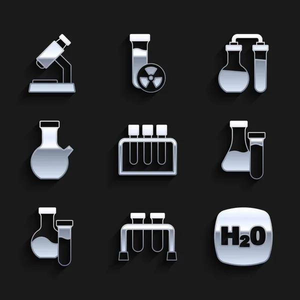 Beállítás kémcső, Kémiai képlet H2O, és a mikroszkóp ikon. Vektor — Stock Vector