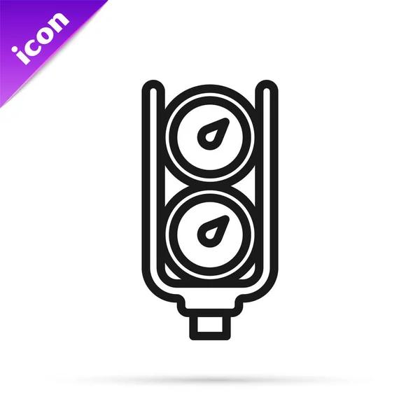 Icono de escala de calibre de línea negra aislado sobre fondo blanco. Satisfacción, temperatura, manómetro, riesgo, calificación, rendimiento, tacómetro de velocidad. Vector — Vector de stock