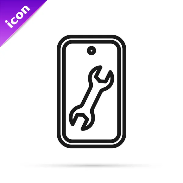 Linea nera Cellulare con icona della chiave inglese isolata su sfondo bianco. Regolazione, assistenza, impostazione, manutenzione, riparazione. Vettore — Vettoriale Stock