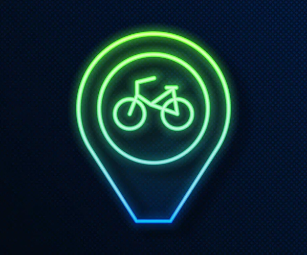파란색 배경에 자전거 아이콘으로 네온 선 지도 포인터를 분리. Vector — 스톡 벡터