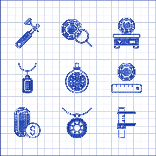 Set Pocket watch, Pendant on necklace, Calliper or caliper and scale, Gem stone, Jewelry online shopping, and Jewelers lupe icon. Vector Royalty Free Stock Illustrations