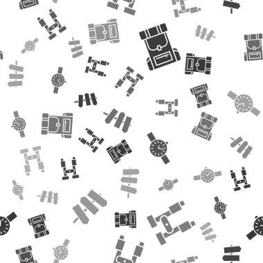 Yürüyüş sırt çantası, dürbün, bilek saati ve trafik işaretini pürüzsüz bir şekilde ayarla. Vektör