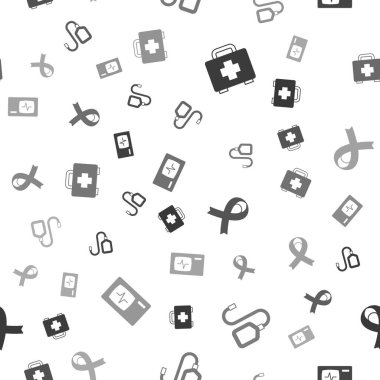 İlk yardım çantasını, serum torbasını, farkındalık kurdelesini ve kardiyogramı sorunsuz bir şekilde ayarla. Vektör