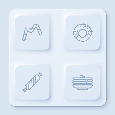 Jöle solucanları şeker, çörek, şeker ve krep yığını. Beyaz kare düğme. Vektör