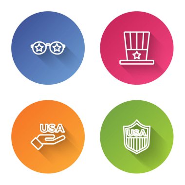 Yıldızlı bardaklar, vatansever Amerikan silindir şapkası, ABD Bağımsızlık Günü ve Shield. Renkli daire düğmesi. Vektör