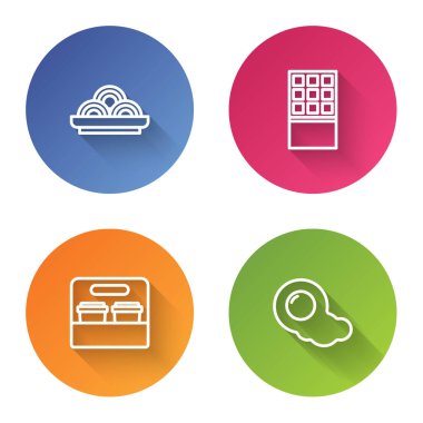 Asya eriştelerini kaseye koy, çikolatalı gofret, kahve fincanı ve çırpılmış yumurta. Renkli daire düğmesi. Vektör