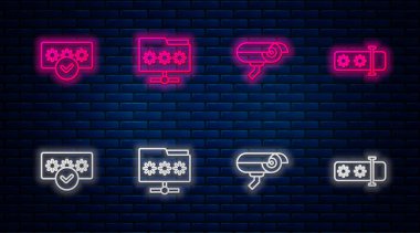 Satır dizinini parola, güvenlik kamerası, şifre koruması ve... Tuğla duvarda parlayan neon simgesi. Vektör