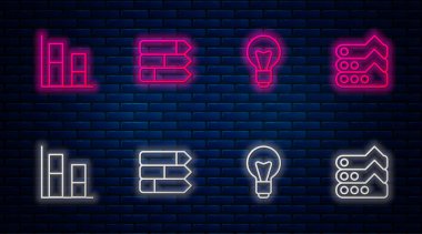 Çizgi çizelgesi bilgisini, ampulü, grafiği, grafiği ve diyagramı ayarlayın. Tuğla duvarda parlayan neon simgesi. Vektör