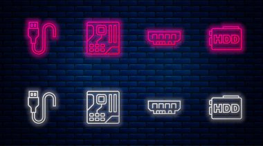 Anakart dijital çip, RAM, rastgele erişim belleği, USB kablo kablosu ve sabit disk sürücüsü HDD 'yi ayarla. Tuğla duvarda parlayan neon simgesi. Vektör