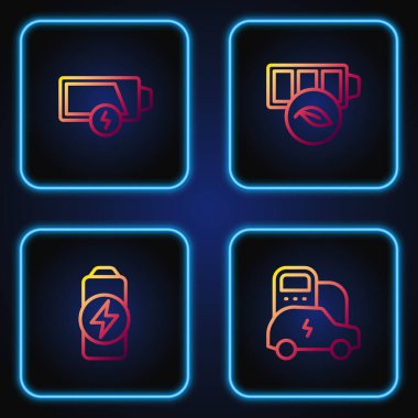 Hat hattı elektrikli araba, akü şarjı, düşük pil ve çevre yaprağı. Renk simgeleri. Vektör