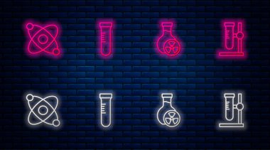 Test tüpünü zehirli sıvı, atom ve matarayla hazırlayın. Tuğla duvarda parlayan neon simgesi. Vektör