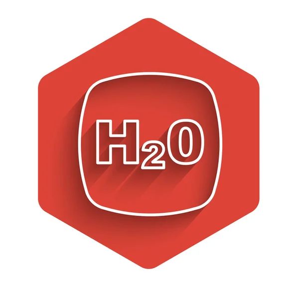 Línea blanca Fórmula química para gotas de agua Icono en forma de H2O aislado con fondo de sombra largo. Botón de hexágono rojo. Vector — Archivo Imágenes Vectoriales