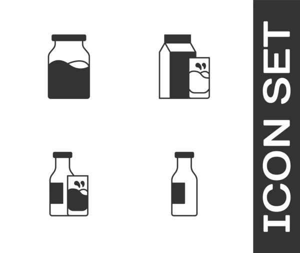 Set Bouteille avec du lait,, et verre et paquet de papier pour icône de kéfir. Vecteur — Image vectorielle