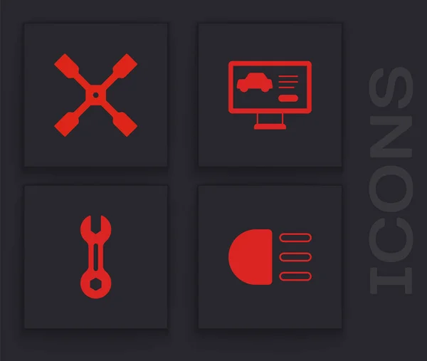 Réglage Faisceau haut, clé à molette, diagnostic de l'état de la voiture et clé à molette icône. Vecteur — Image vectorielle