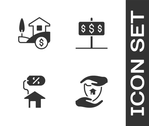 Set Maison avec bouclier, dollar, percant et icône. Vecteur — Image vectorielle