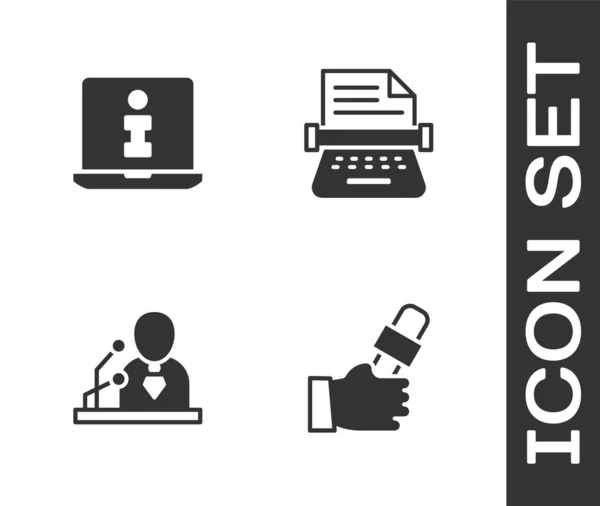 Definir Jornalista notícias, Informação, Breaking e Retro ícone da máquina de escrever. Vetor — Vetor de Stock