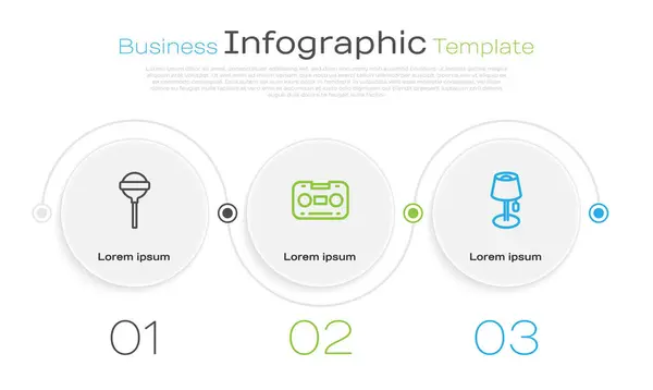 Definir linha Lollipop, fita cassete de áudio retro e lâmpada de assoalho. Modelo de infográfico de negócios. Vetor — Vetor de Stock