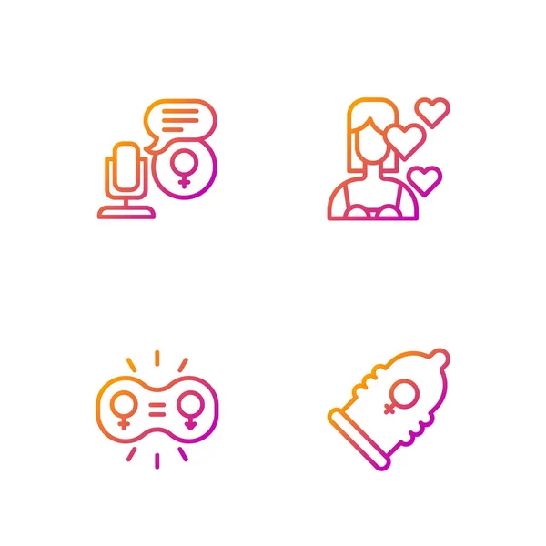 Set line Condom, Gender equality, Microphone and Love yourself. Gradient color icons. Vector — Stock Vector