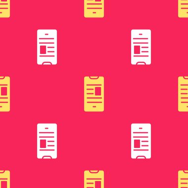 Mobil simge üzerine Sarı Online kitap kırmızı arkaplanda izole edilmiş pürüzsüz desen. İnternet eğitimi konsepti, e-öğrenme kaynakları. Vektör İllüstrasyonu