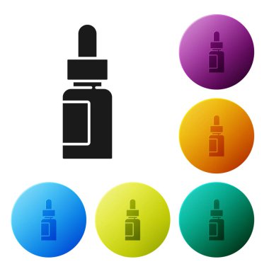 Siyah esaslı yağ şişesi simgesi beyaz arka planda izole edilmiş. Organik aromaterapi özü. Cilt bakımı serumu cam bırakma paketi. Simgeleri renk daire düğmelerine ayarla. Vektör
