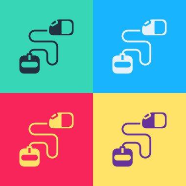 Pop Art Retracable ip tasması ve renkli arka planda izole edilmiş karabina simgesi. Evcil köpek liderliği. Açık hava yürüyüşü için hayvan aksesuarı. Vektör