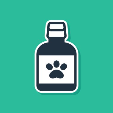 Mavi Köpek ilaç şişesi ikonu yeşil arka planda izole edilmiş. İçinde haplar olan konteynır. Hayvan için reçeteli ilaç. Vektör