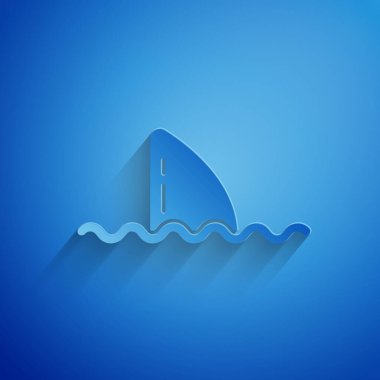 Kağıt, mavi arka planda izole edilmiş okyanus dalgası ikonunda köpekbalığı yüzgecini kesti. Kağıt sanatı tarzı. Vektör