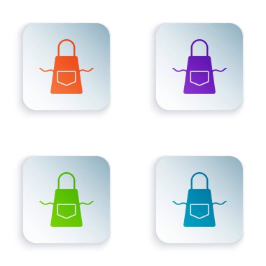 Renkli mutfak önlüğü simgesi beyaz arkaplanda izole edildi. Yemek pişirmek için şef üniforması. Kare düğmelere renkli simgeleri yerleştir. Vektör