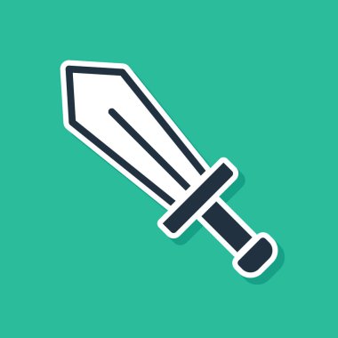 Oyun simgesi için mavi kılıç yeşil arkaplanda izole edildi. Vektör