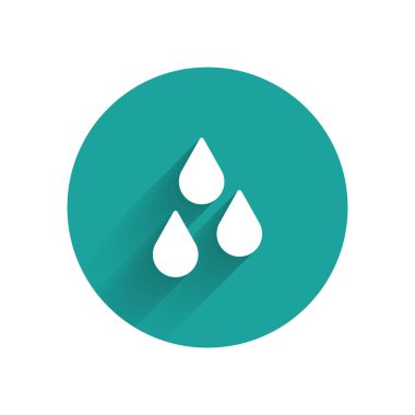 Beyaz su damlası ikonu uzun gölgeli izole edilmiş. Yeşil daire düğmesi. Vektör