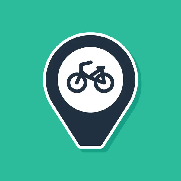 Blue Map pointer with bicycle icon isolated on green background. Vector — Stock Vector