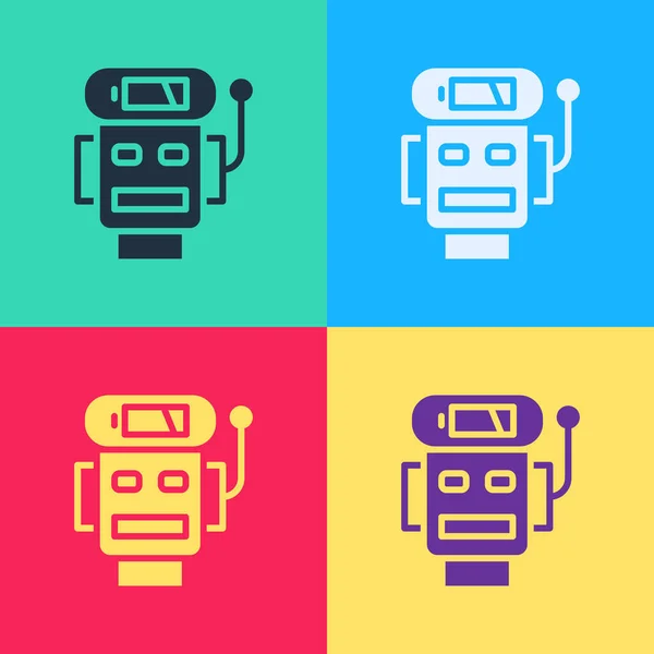 Pop art robot låg batteriladdning ikon isolerad på färg bakgrund. Artificiell intelligens, maskininlärning, datormoln. Vektor — Stock vektor