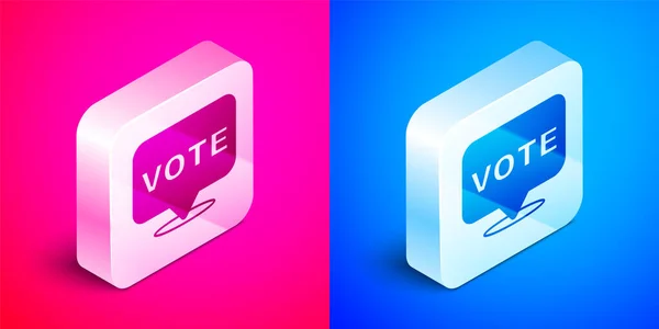 Isometrica icona di voto isolato su sfondo rosa e blu. Pulsante quadrato argento. Vettore — Vettoriale Stock