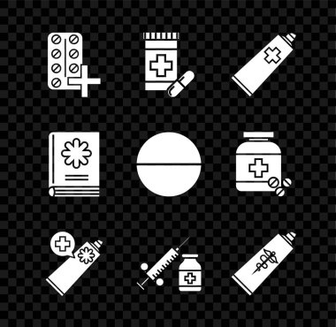 Hapları su toplayan pakete, ilaç şişesine ve haplara, merhem kremi tüpüne, şırıngaya iğne şişesi ya da ampul, kitap ve tablet ikonuna koyun. Vektör