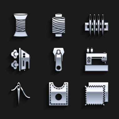 Fermuar, dikiş deseni, tekstil kumaş rulosu, makine, iplikle dikiş yapmak için iğne, elektrikli ütü ve makara simgesi. Vektör