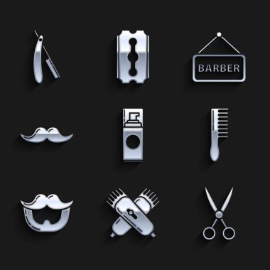 Tıraş jölesi köpüğü, çapraz elektrikli saç kesicisi, tıraş makinesi, makas kuaförü, saç fırçası, bıyık ve sakal, berber dükkanı ve jilet ikonu. Vektör