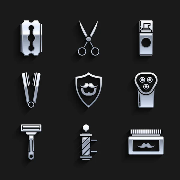 Set Mustache and beard on shield, Classic Barber shop pole, Cream or lotion cosmetic jar, Electrical hair clipper shaver, Shaving razor, Curling iron for, gel foam and Blade icon. Vector — Stock Vector