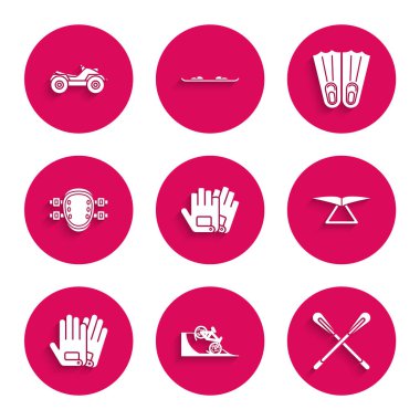 Eldivenler, bisiklet sokak rampasında, çapraz pedal, planör, dizlikler, yüzmek için lastik yüzgeçler ve tüm arazi aracı ATV motosiklet ikonu. Vektör