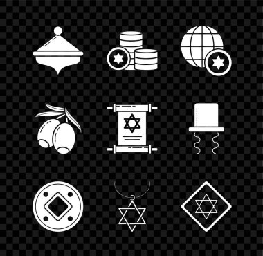 Hanukkah dreidel, Yahudi parası, Dünya Küresi ve İsrail, Zincirde Davut Yıldızı kolyesi, Zeytin dalı ve Tevrat simgesi. Vektör