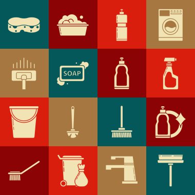 Squegee, kazıyıcı, silecek, sıvı bulaşık deterjanı için plastik şişeler deterjanla temizlik spreyi, köpük çubuğu, elektrikli süpürge, sünger ve ikon. Vektör