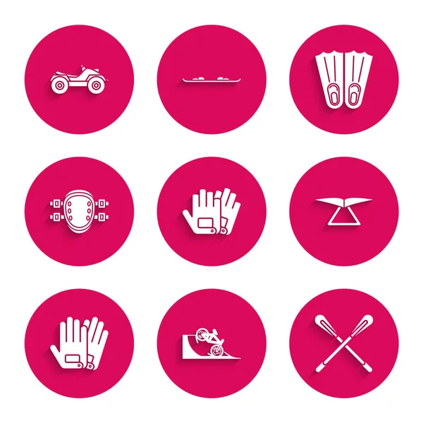 Eldivenler, bisiklet sokak rampasında, çapraz pedal, planör, dizlikler, yüzmek için lastik yüzgeçler ve tüm arazi aracı ATV motosiklet ikonu. Vektör